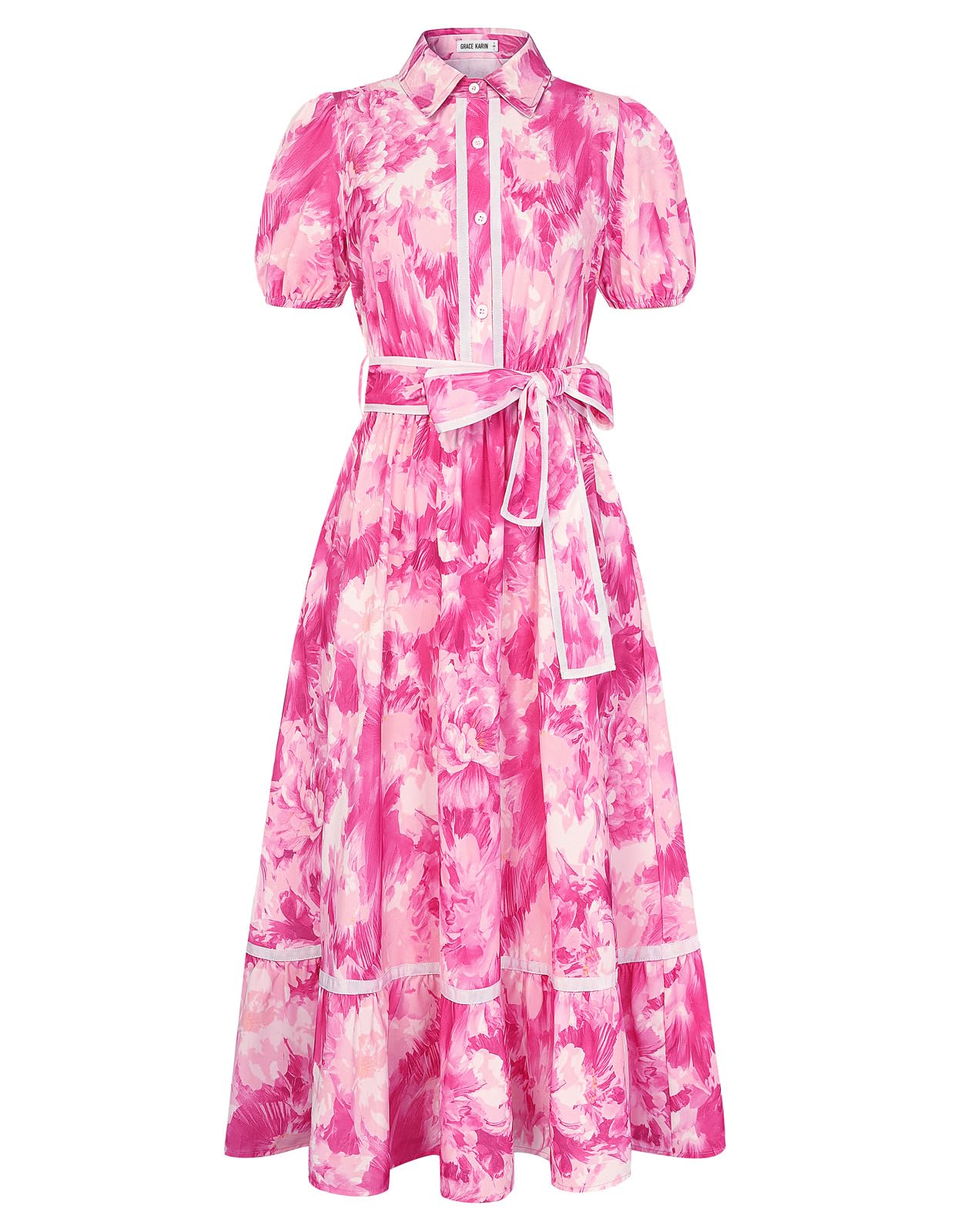 GRACE KARIN Women Summer Floral Maxi Dresses 2026 Wedding Guest Puff Sleeve Shirt Sundresses Boho Spring Clothes with Pockets Rose Floral M