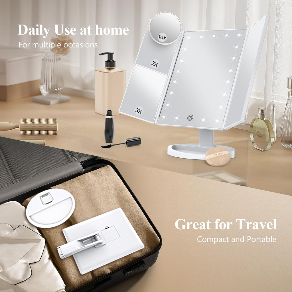 HUONUL Makeup Mirror, Vanity Mirror with Lights, 2X/3X/10X Magnification, Touch Control, Trifold Mirror, Dual Power Supply, Valentines Day Gifts for Her,Gifts for Women, Wife, Mom, Teengirls