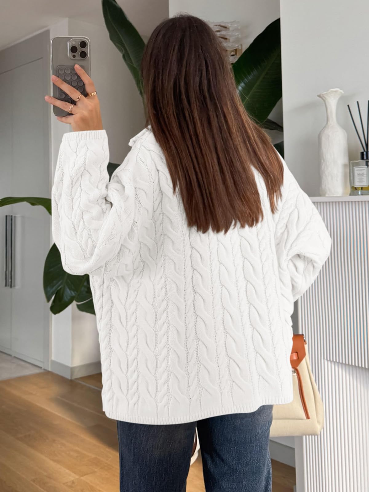 PRETTYGARDEN Womens Spring Sweaters 2026 Long Sleeve Quarter Zip Pullover Sweater Casual Loose V Neck Cable Knit Jumper Tops (White, Large)