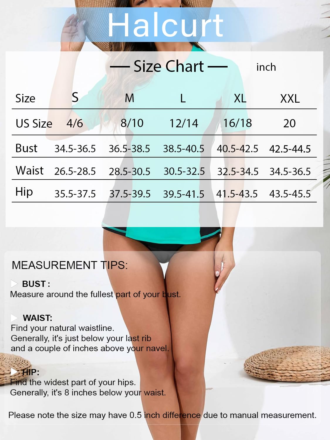 Halcurt Women's Short Sleeve Rash Guard Swimsuit Top with Built in Bra Swim Shirt UPF50+ Quick Dry Bathing Suit Turquoise Black XL