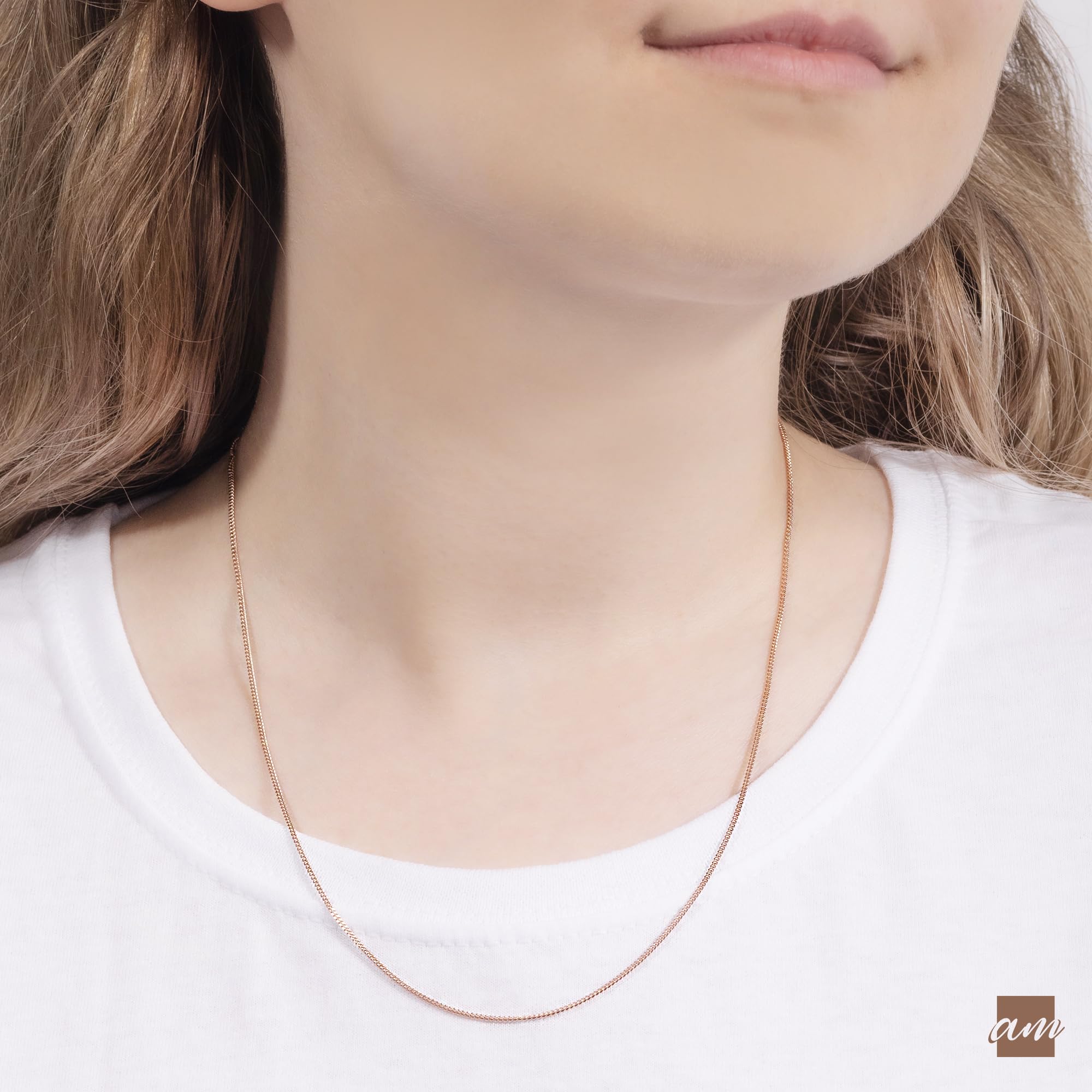 Amberta 14K Rose Gold Plated on 925 Sterling Silver 1.3 mm Curb Chain Necklace Length 20" inch / 50 cm (20)