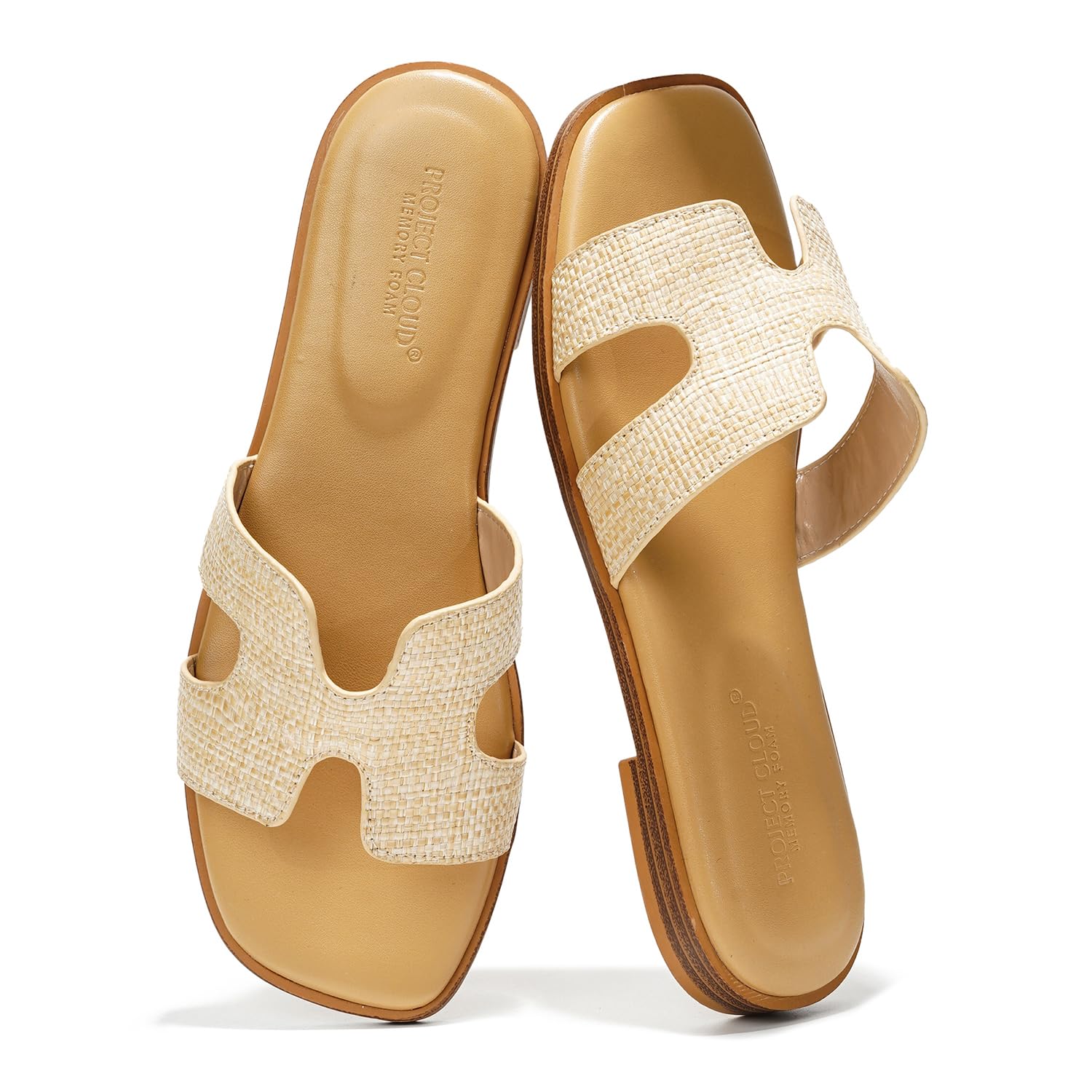 Project Cloud 100% Genuine Leather Sandals for Women 2026 - Fashion Flat Womens Sandals with Memory Foam Insole Slides Sandals Women Footwear - Mules Women's Sandals (Jannel,Raffia,6.5)