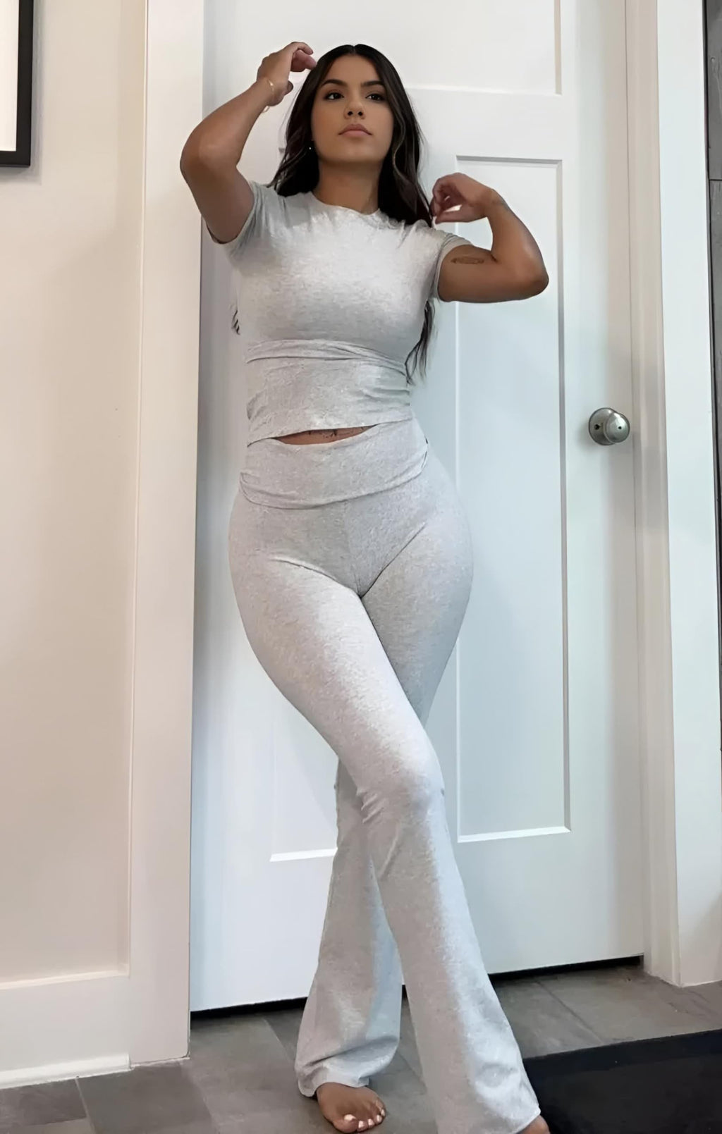 YETOWA Women's 2 Piece Lounge Outfits Slim Short Sleeve Tops Low Rise Flare Leggings Sets Yoga Sweatsuit