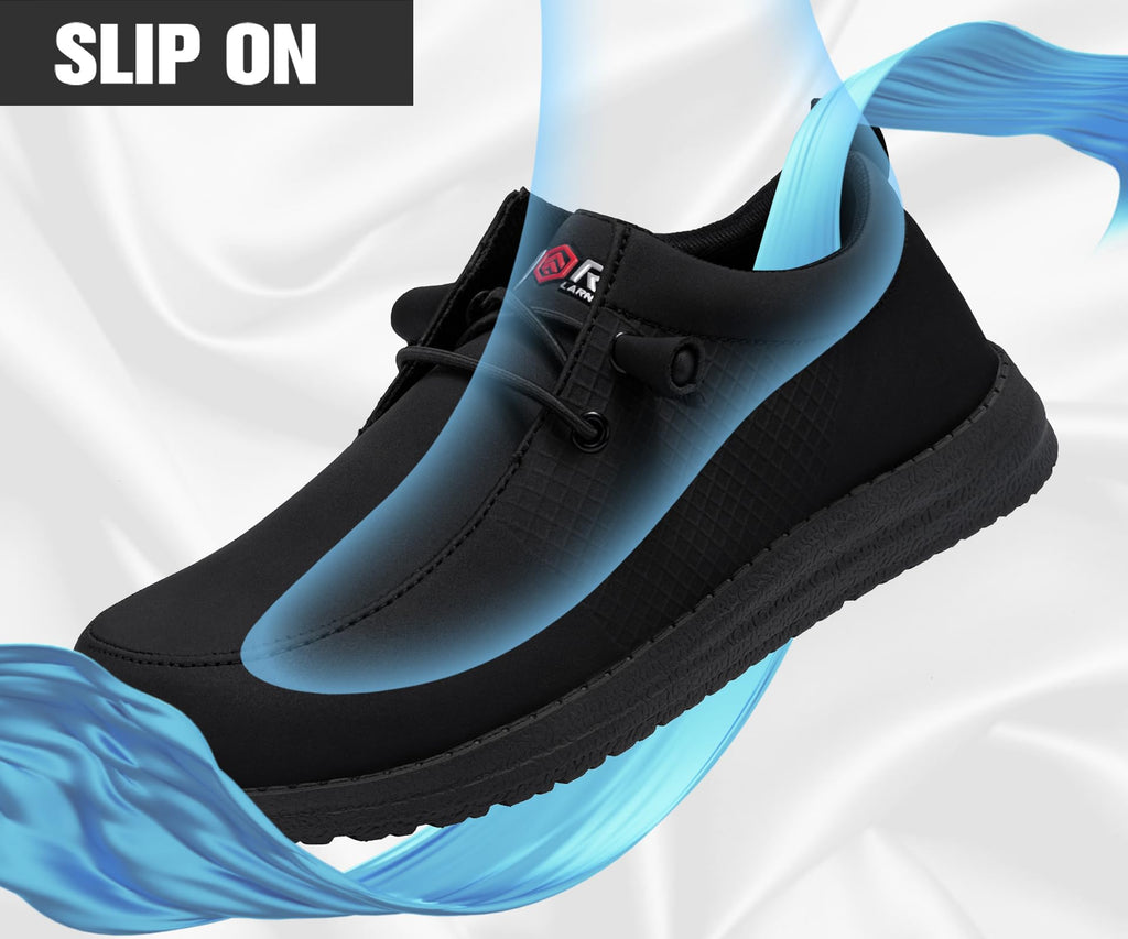 LARNMERN Slip On Steel Toe Shoes Men Lightweight Comfortable Lounging Walking Sneakers Safety Work Steel Toe Loafers (12 Men, Black Leather)