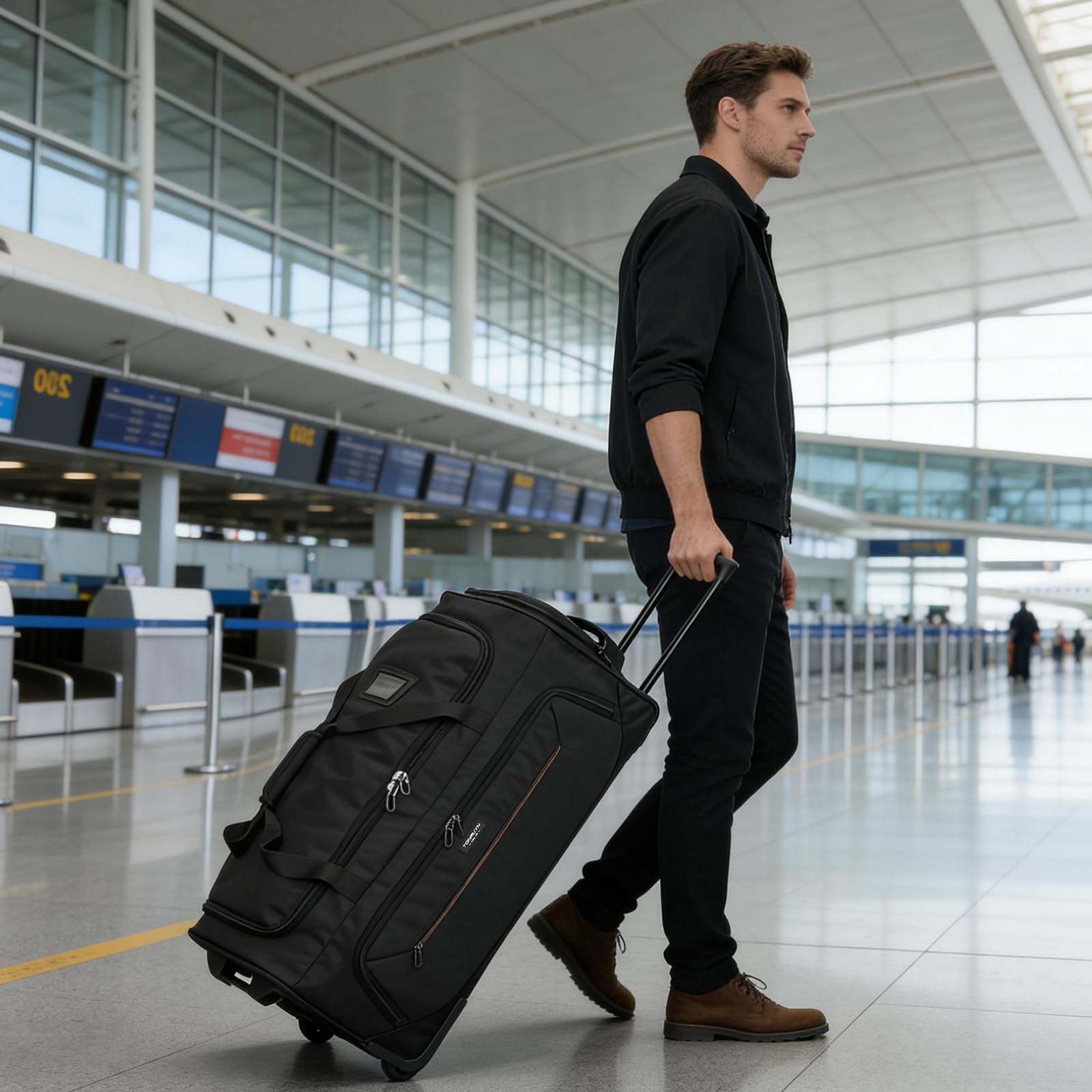 TONRUYN Large Rolling Duffle Bag with Wheels and Handle 85L 29 inch Travel Duffel Bag for Men Women with Shoe Compartment & Wet Pocket, 2 Wheeled Checked Luggage for Business Travel Long Trips, Black