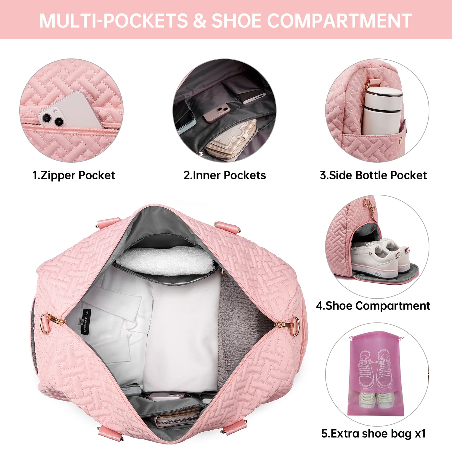 Duffle Bag for Travel, Weekender Bag with Shoe Compartment, Carry On Overnight Bag for Women with Toiletry Bag, 50L Gym Bag with Wet Pocket, Hospital Bags for Labor and Delivery Pink