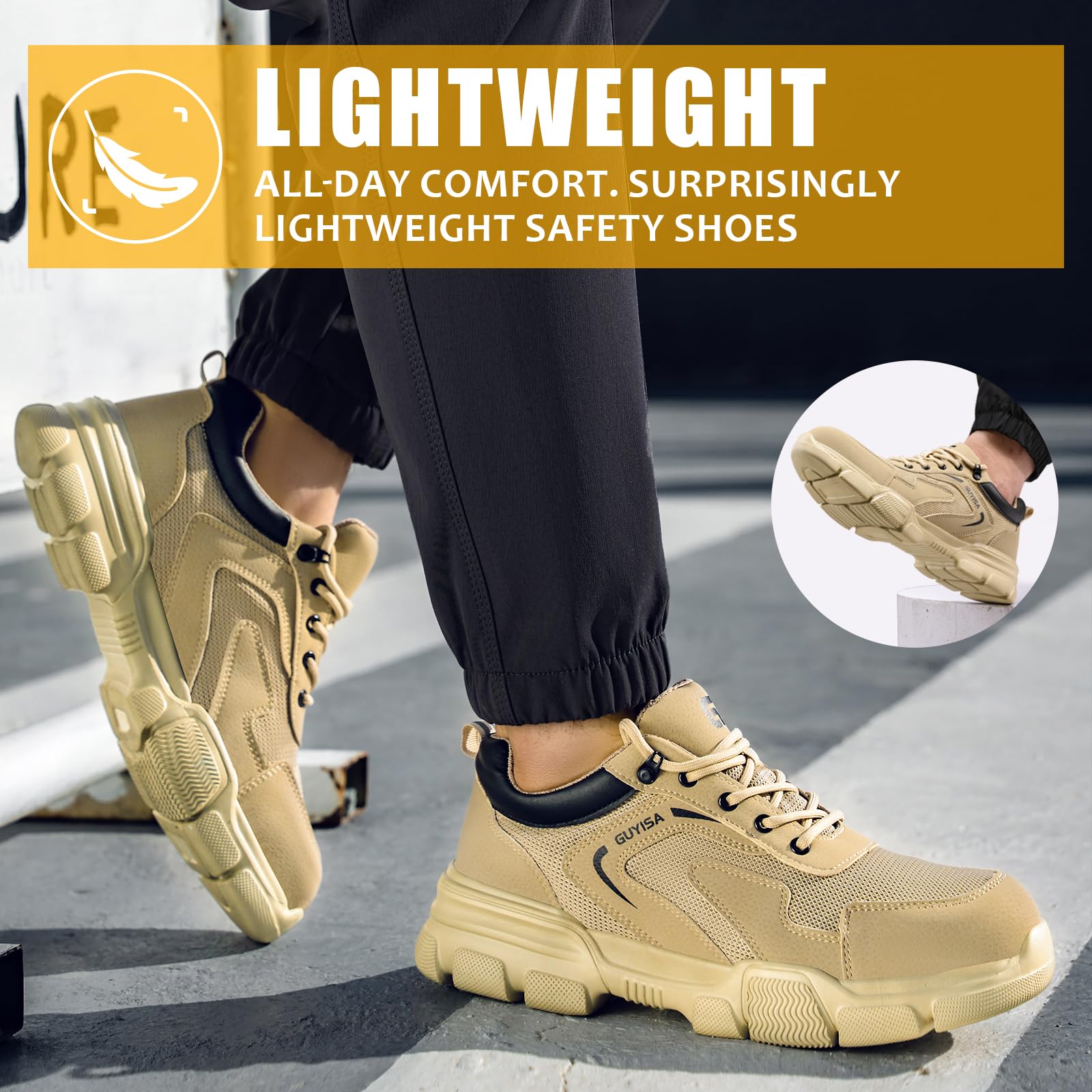 Gsutenmre Steel Toe Shoes for Men Lightweight Work Shoes Men Puncture Resistant Safety Footwear Industrial Shoe Comfortable for Construction Warehouse Jobs Khaki