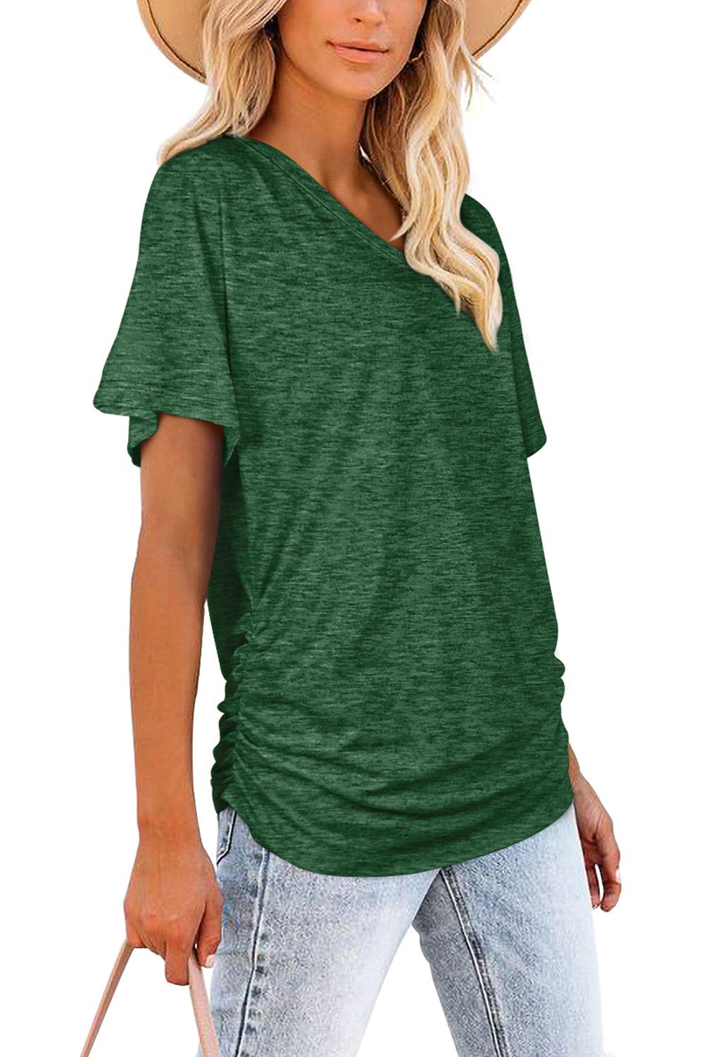 WIHOLL V Neck T Shirts for Women Summer Short Sleeve Dolman Tops Loose Fitting Oversized Plus Size Spring Clothes Vacation Outfits Green 2XL