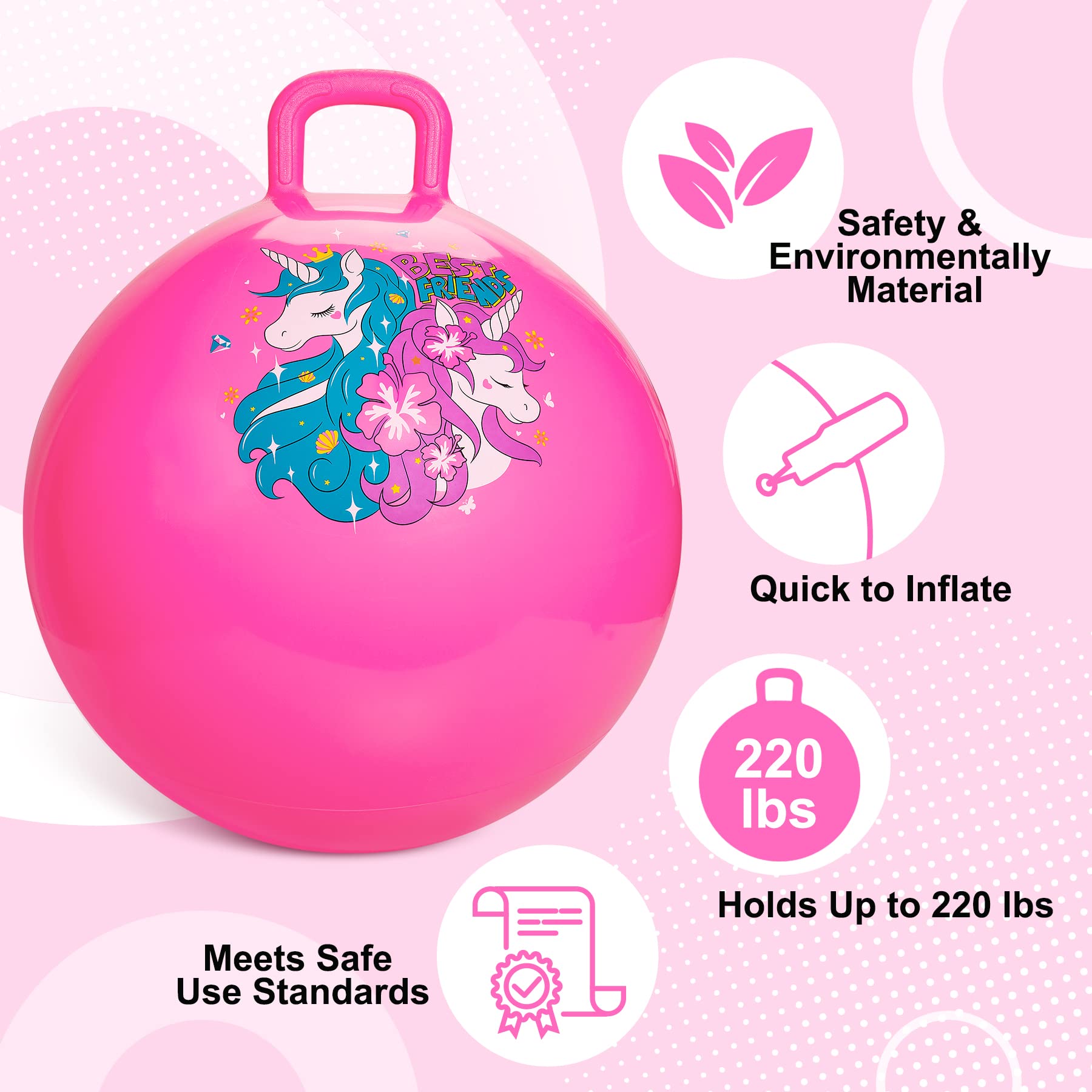 ZOOJOY Hopper Ball, Pink Bouncy Balls for Kids, 18 Inch Sit on Jumping Toys with Handle for Girls Gift Aged 3-8, Inflatable Unicorn Bounce Hopper Balls Toy with Pump