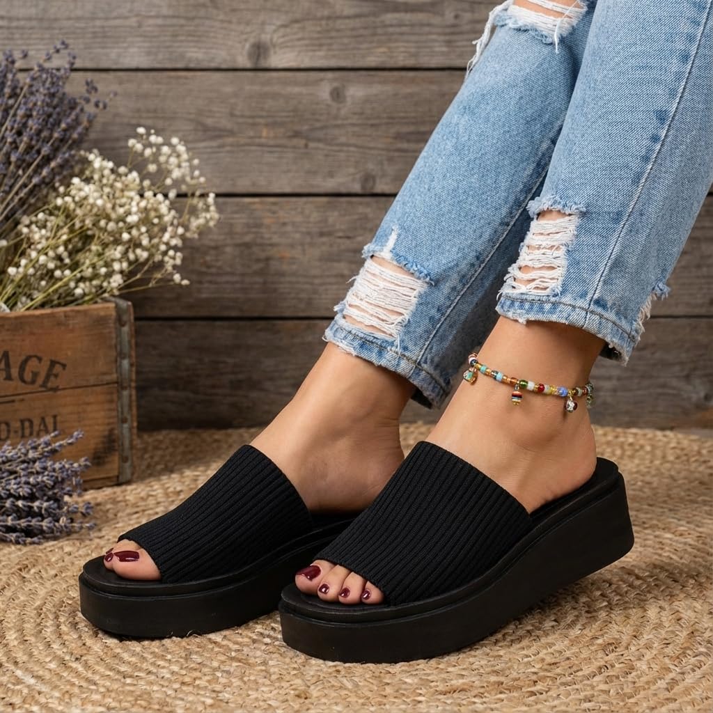 CUSHIONAIRE Pim Wedge Chunky Platform Womens Sandals with Firm Knit Upper & Memory Foam Summer Sandals for Women 2026, BLACK 9