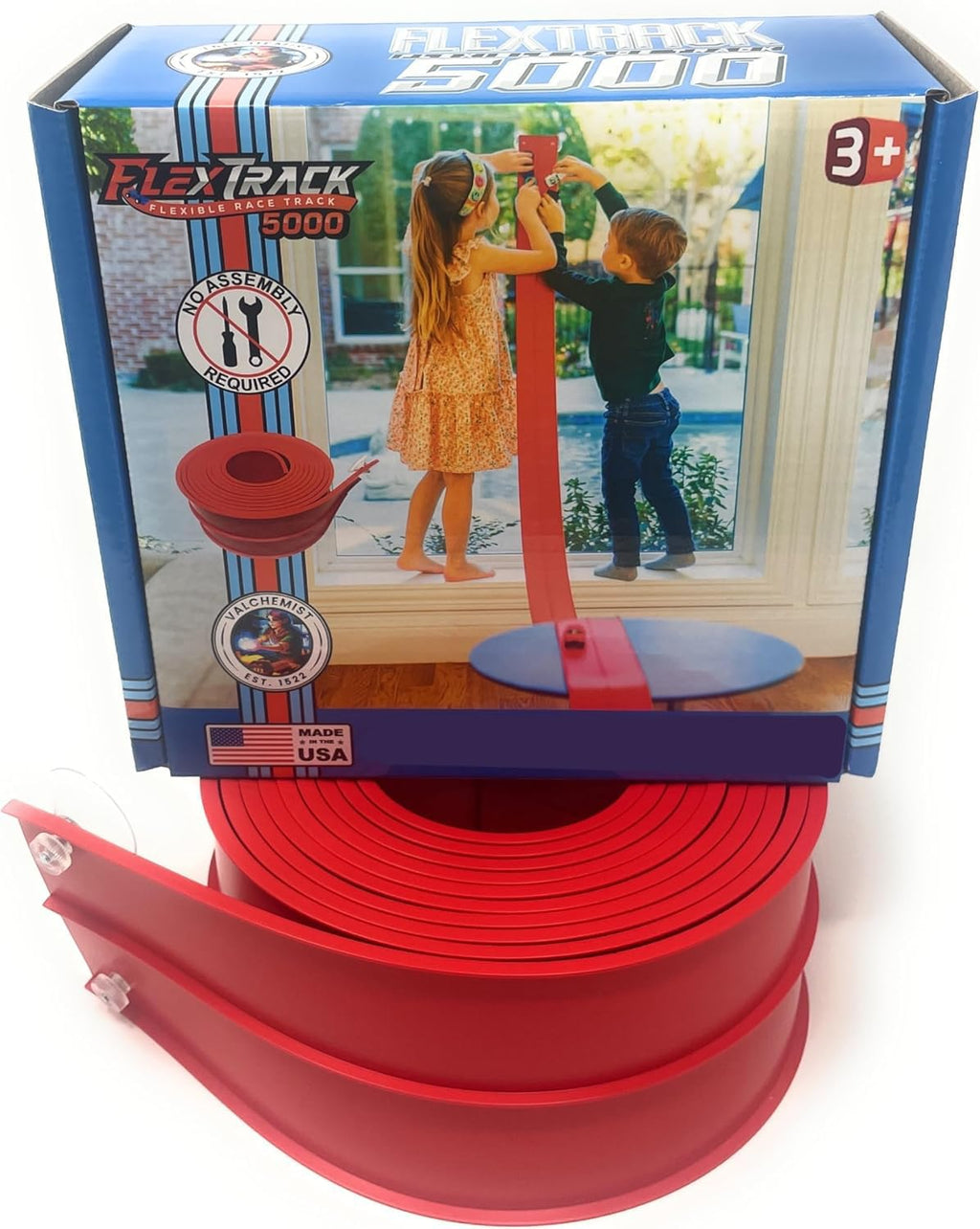 Valchemist FlexTrack 5000 Flexible Race Car Track for Kids Toy with Suction Cups Compatible with Hot Wheels and Diecast 1/64th Cars and More 15 Feet Long Rolls Up Portable Racetrack (Rocket Red)