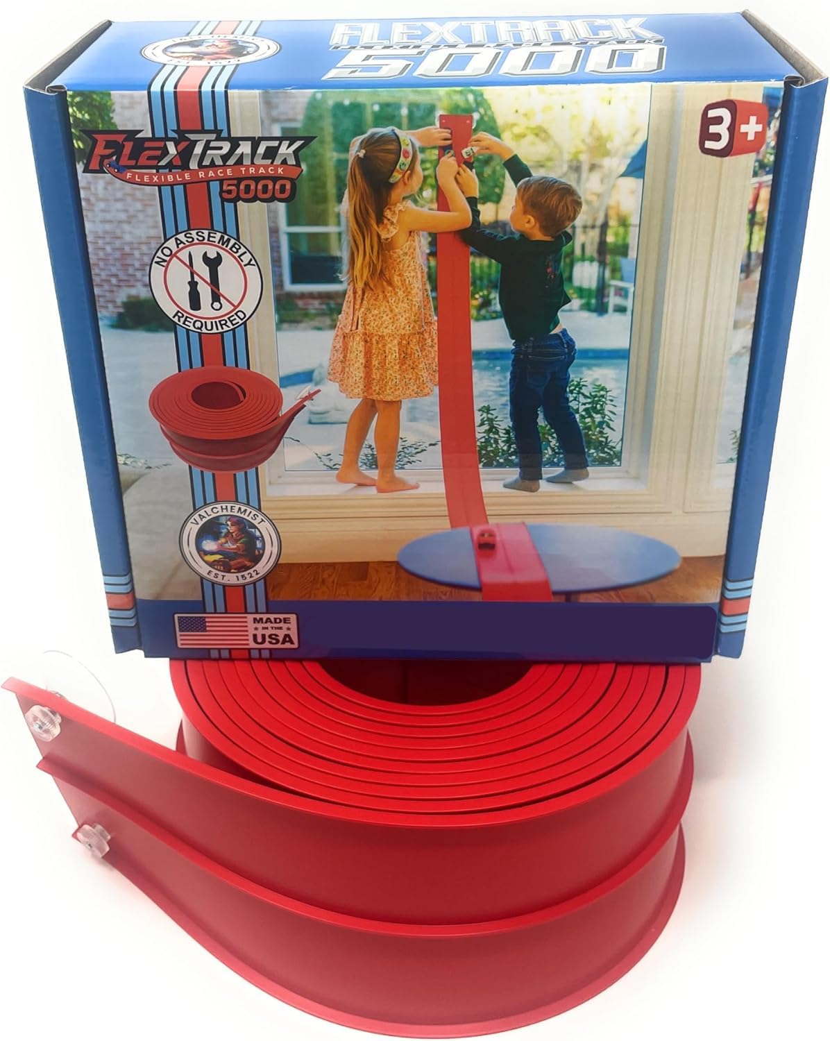 Valchemist FlexTrack 5000 Flexible Race Car Track for Kids Toy with Suction Cups Compatible with Hot Wheels and Diecast 1/64th Cars and More 15 Feet Long Rolls Up Portable Racetrack (Rocket Red)
