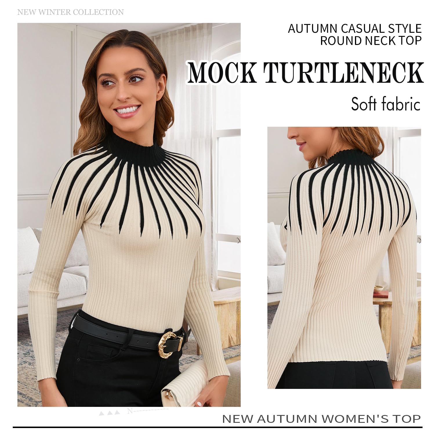 Women's 2025 Fall Fashion Turtleneck Long Sleeve Ribbed Knit Slim Fitted Casual Pullover Sweater Tops (US, Alpha, Medium, Regular, Regular, Apricot)