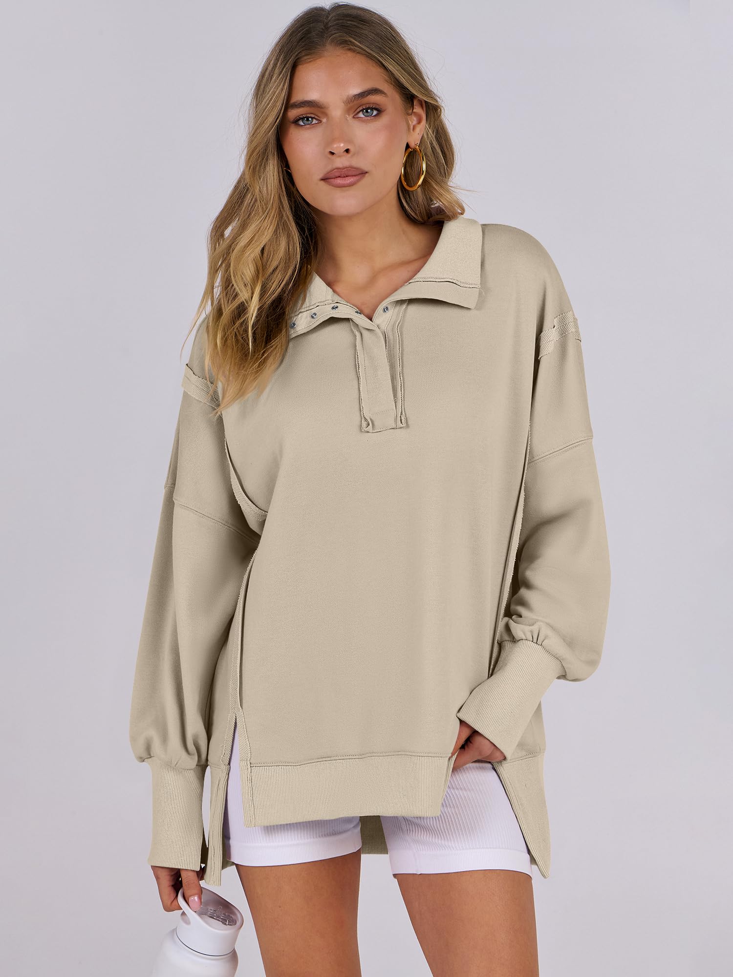 ANRABESS Sweatshirt for Women Oversized Henley Fall Outfits Apricot