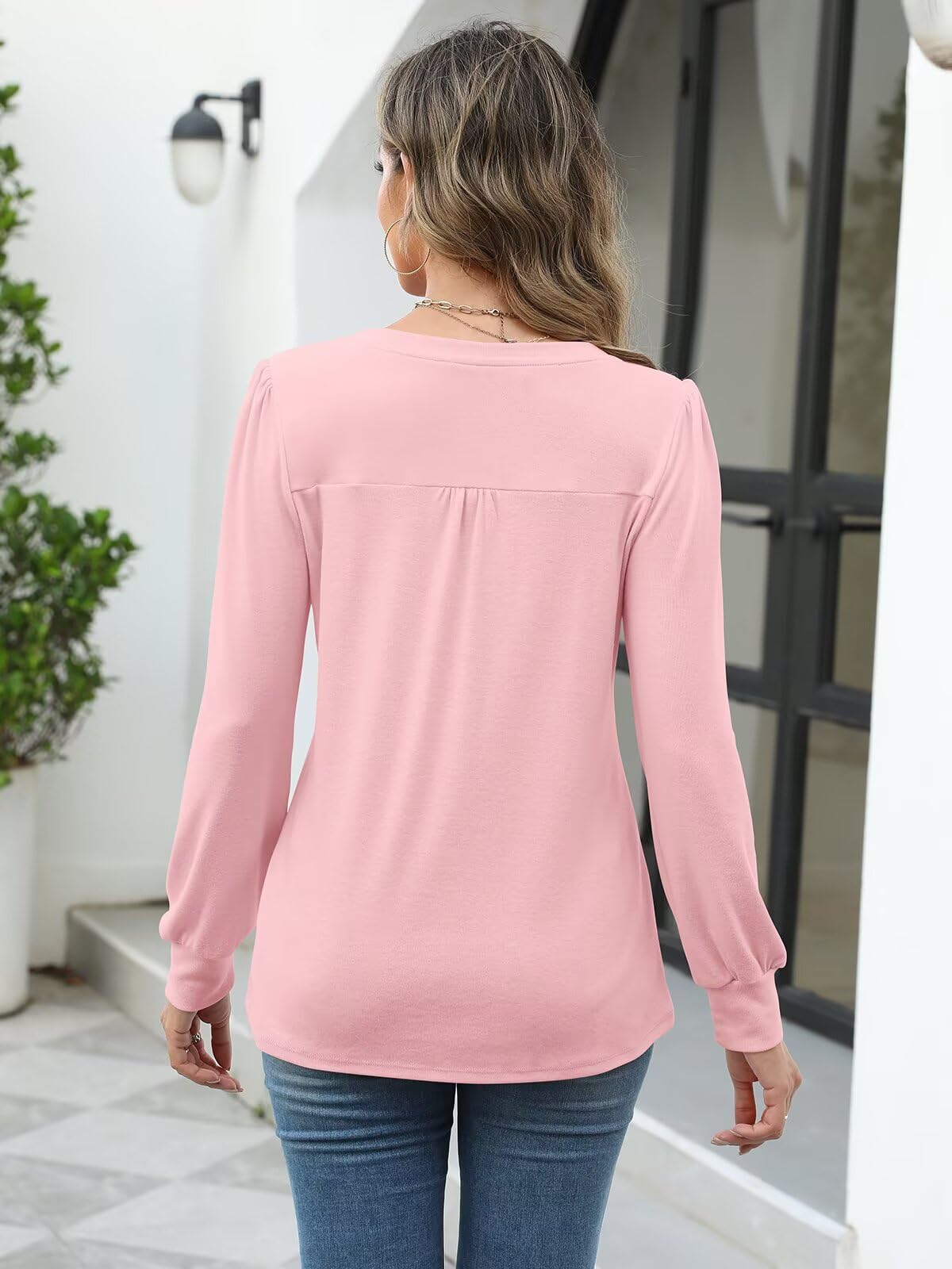 TICTICMISS Women's Puff Long Sleeve Tops Pleated V Neck T Shirts Henley Button Tunic Blouses Peach Pink