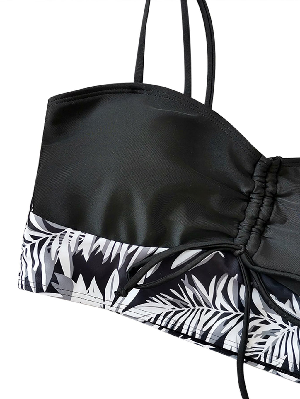 Lilosy Tummy Control Drawstring High Waisted Bikini Set String Swimsuit Spaghetti Strap Cami Top and Tie Side Shorts 2 Piece Women Bathing Suit Leaf Black Small