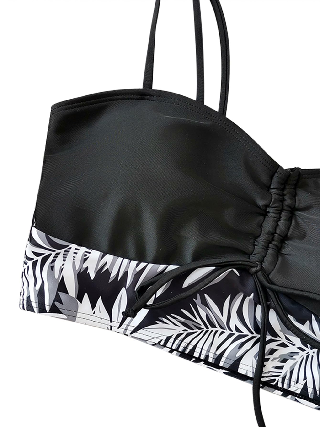 Lilosy Tummy Control Drawstring High Waisted Bikini Set String Swimsuit Spaghetti Strap Cami Top and Tie Side Shorts 2 Piece Women Bathing Suit Leaf Black Small