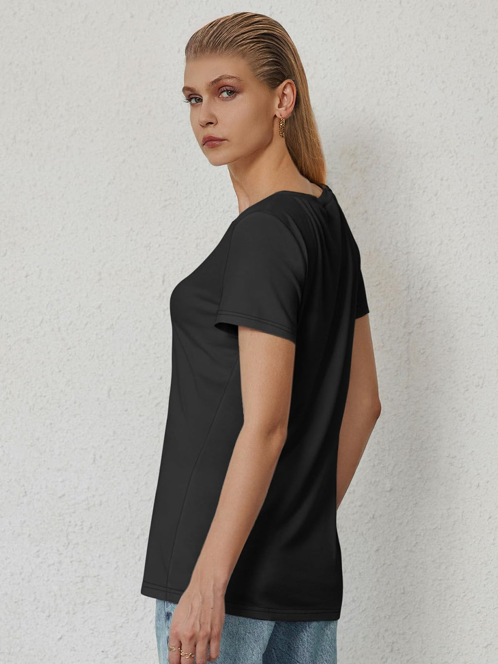 ATHMILE Womens Tops Shirts for Women Short Sleeve V Neck Tee Summer Fashion Trendy Soft Casual Spring Clothes Outfits Beach Black