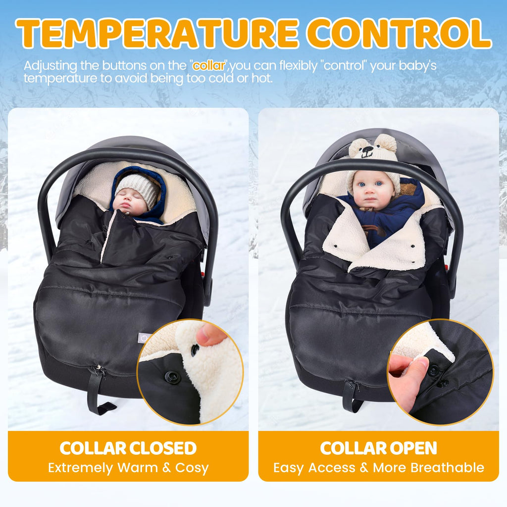 Orzbow Winter Carseat Cover for Baby | Infant Car Seat Cover, Waterproof Car Seat Blanket with Adjustable Collar | Warm and Cozy Fleece Carseat Canopy Blanket for Baby Winter Essentials, Black