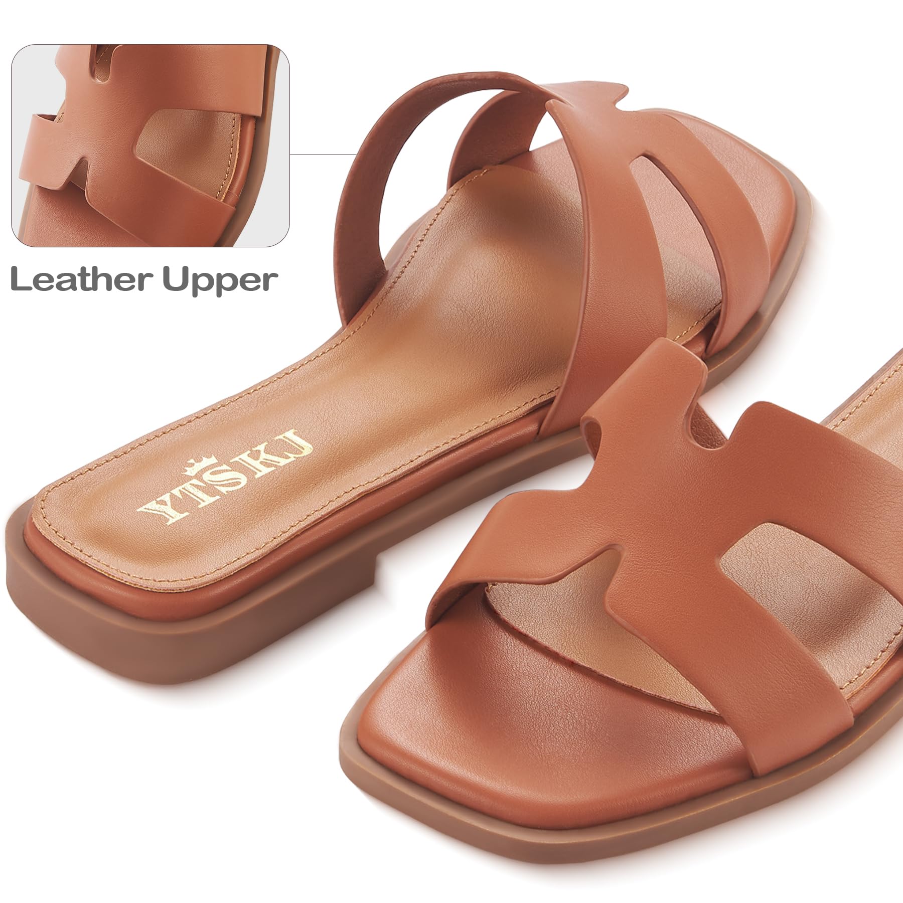 YTSKJ Sandals for Women Dressy Comfortable Flat Open Toe Casual Wide Width Cute Trendy Shoes Soft Leather Slip On Ladies Slides for Summer 2026 Brown Size 6