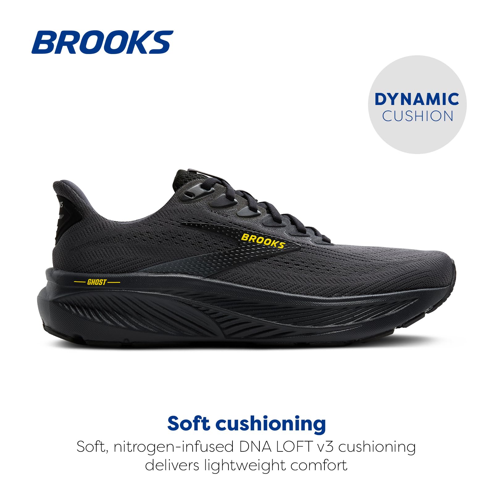Brooks Men’s Ghost 17 Neutral Running Shoe - Ebony/Black/Yellow - 12 Medium