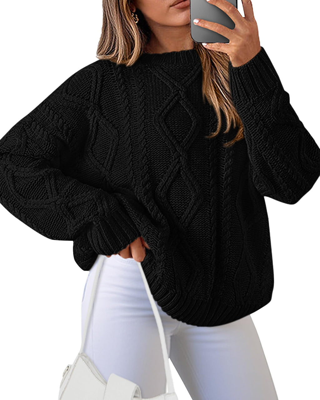 BTFBM Casual Women Long Sleeve Sweater 2025 Fall Ribbed Knit Pullover Loose Crewneck Cable Sweater Jumper Tops(Black,Medium)