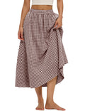 LOMON Midi Skirts for Women A-Line Cotton Flowy Summer Skirt with Pockets Elastic High Waist Boho Beach Vacation Casual Maxi Skirt (Coffee Plaid, M)