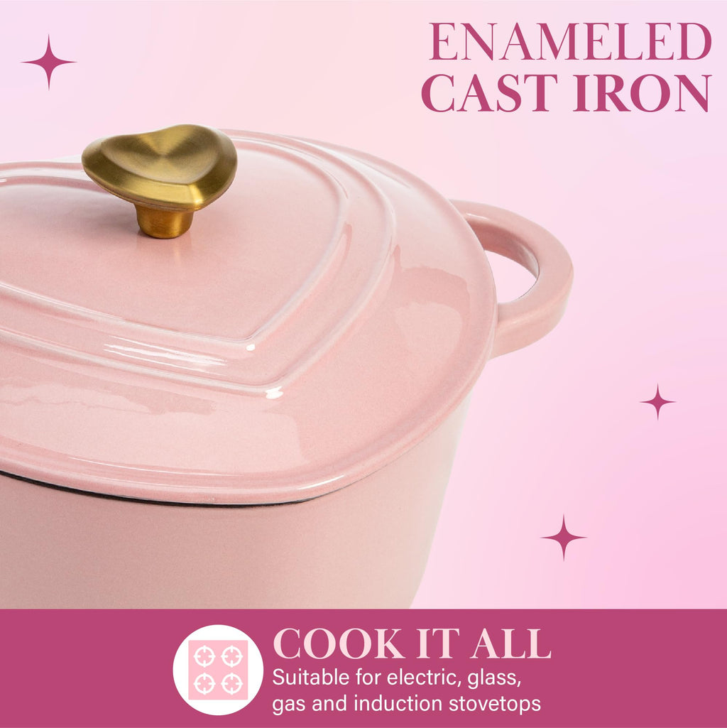 Paris Hilton Enameled Cast Iron Dutch Oven Heart-Shaped Pot with Lid, Dual Handles, Works on All Stovetops, Oven Safe to 500°F, 2-Quart, Pink