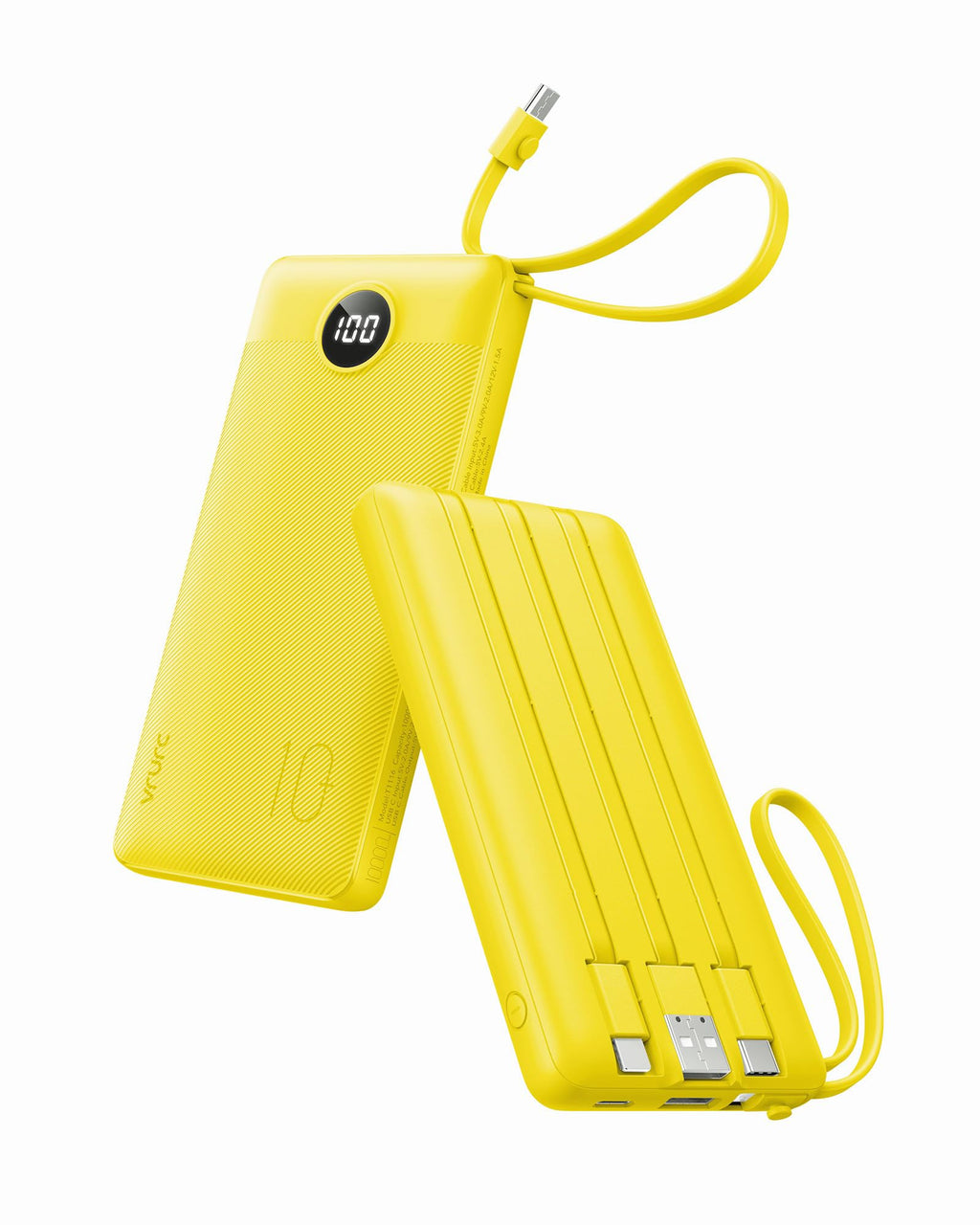 VRURC Portable Charger with Built-in Cables, USB C Portable Phone Charger 10000mAh, Lightweight Power Bank with 5 Output 2 Input Compatible with iPhone 17 16 15 13,Samsung,Android etc-Yellow(1 Pack)