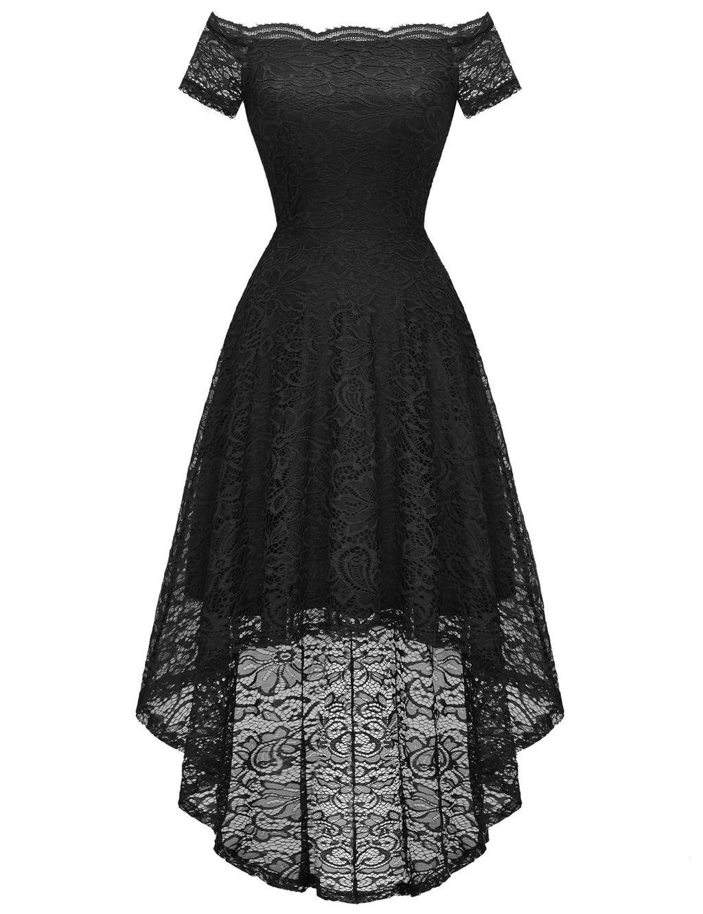Dressystar Women's Lace Cocktail Dress Hi-Lo Off Shoulder Bridesmaid Swing Formal Party Dress 0042 Black M