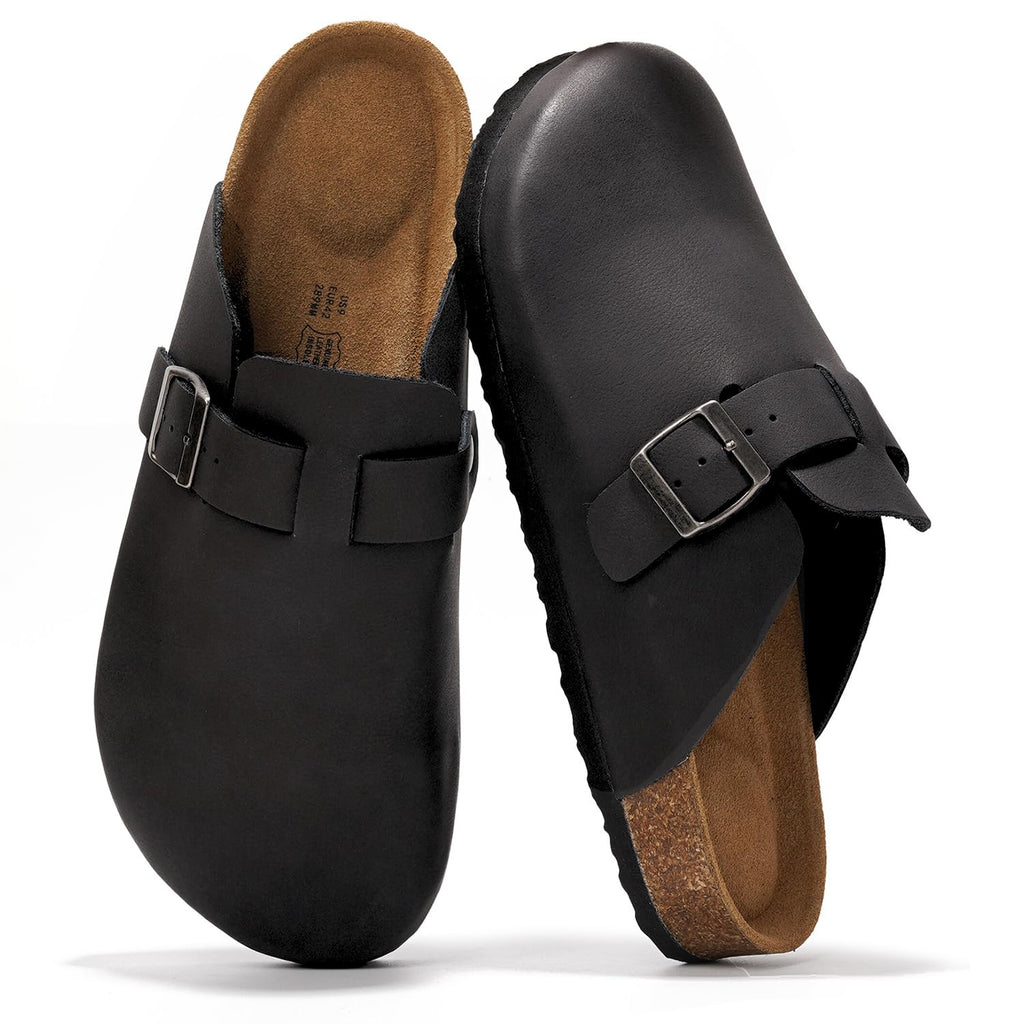 Project Cloud Mens Clogs - 100% Full Grain Genuine Leather Clogs for Men with Memory Foam Insole and Arch Support Natural Cork Footbed - Non Slip Mules Mens Slippers (Brooklyn, BLK, 11)