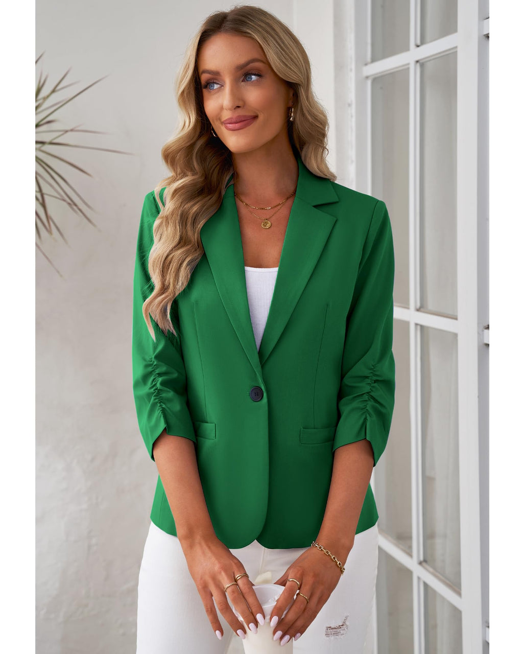 LookbookStore Women Blazer with Pockets 3/4 Sleeve Jacket Outfit Size L Green