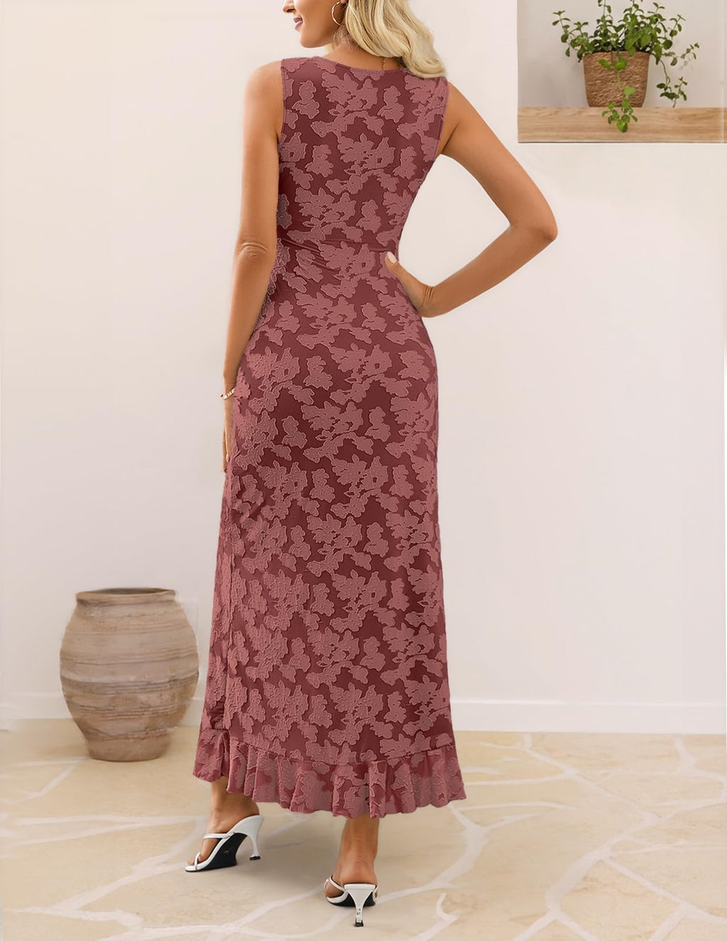MEROKEETY Women's Summer Floral Ruffle Maxi Dress High Slit Sleeveless Bodycon Formal Cocktail Wedding Guest Prom Dresses, WineRed, Medium