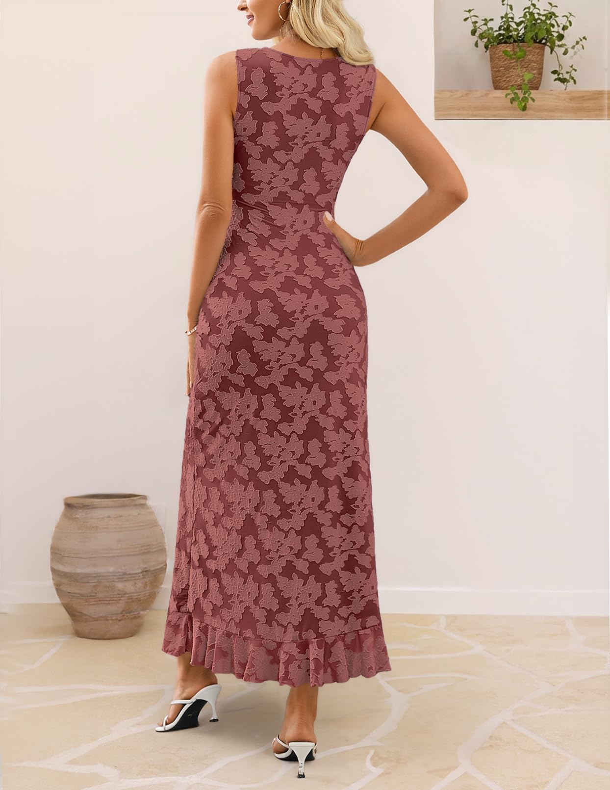 MEROKEETY Women's Summer Floral Ruffle Maxi Dress High Slit Sleeveless Bodycon Formal Cocktail Wedding Guest Prom Dresses, WineRed, Medium