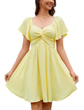 Florboom Women's Summer Sweetheart Neckline Short Sleeve Sexy Mini Dresses Knot Front Chiffon Going Out Picnic Flowy Dress (Yellow, XL)