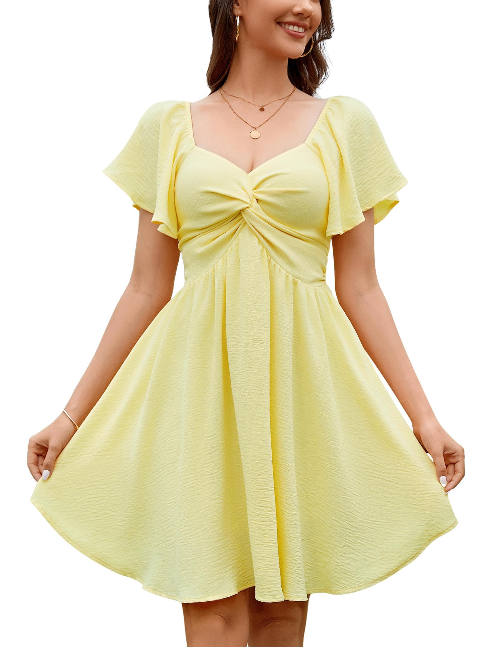 Florboom Women's Summer Sweetheart Neckline Short Sleeve Sexy Mini Dresses Knot Front Chiffon Going Out Picnic Flowy Dress (Yellow, XL)