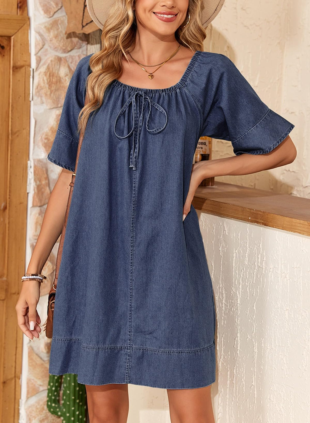 Dokotoo Navy Blue Dress for Women 2026 Fashion Tie Front Denim Dress Scoop Neck Short Sleeve A-Line Lightweight Flowy Jean Dress Plus Size Trendy Outfit X-Large