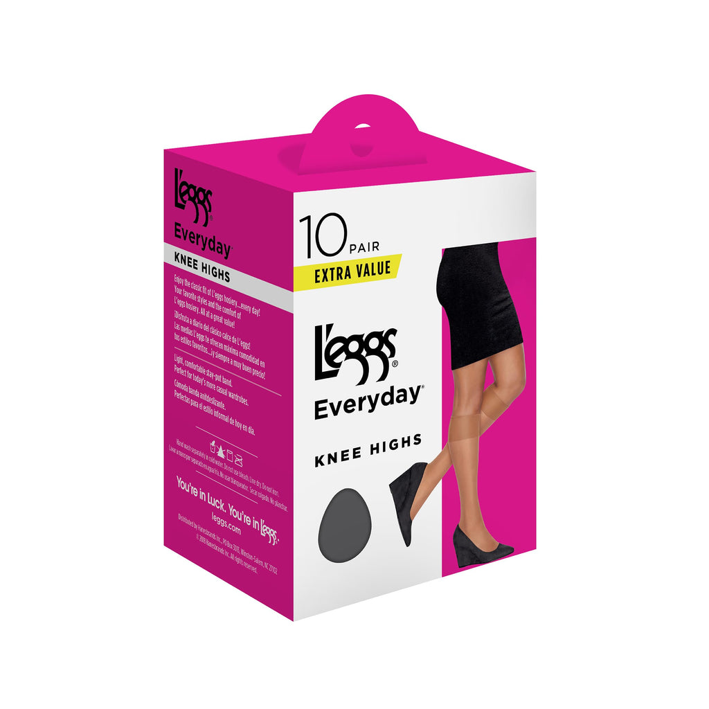 L'eggs Everyday Knee High Stockings, Reinforced Toe, 100% Nylon, Nude, One Size (Pack of 10)