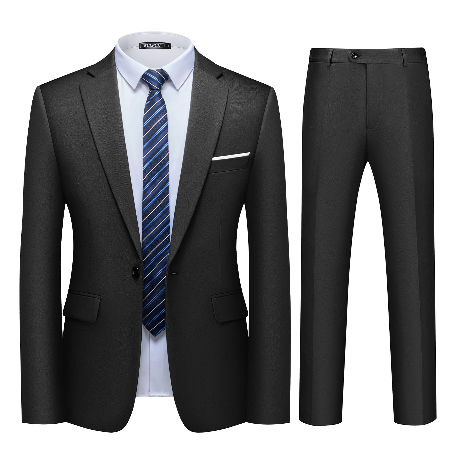 WULFUL Men's 2 Piece Slim Fit Suit Set One Button Blazer Jacket Pants Tuxedo Set for Party, Wedding and Business Black