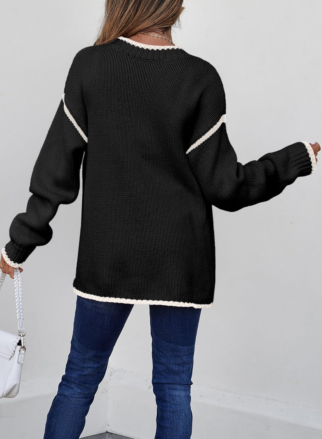 SHEWIN Fall Sweaters for Women 2025 Trendy Long Sleeve Drop Shoulder Womens Tops Oversized Sweater Business Casual Loose Cozy Warm Winter Clothes,US 12-14(L),Black