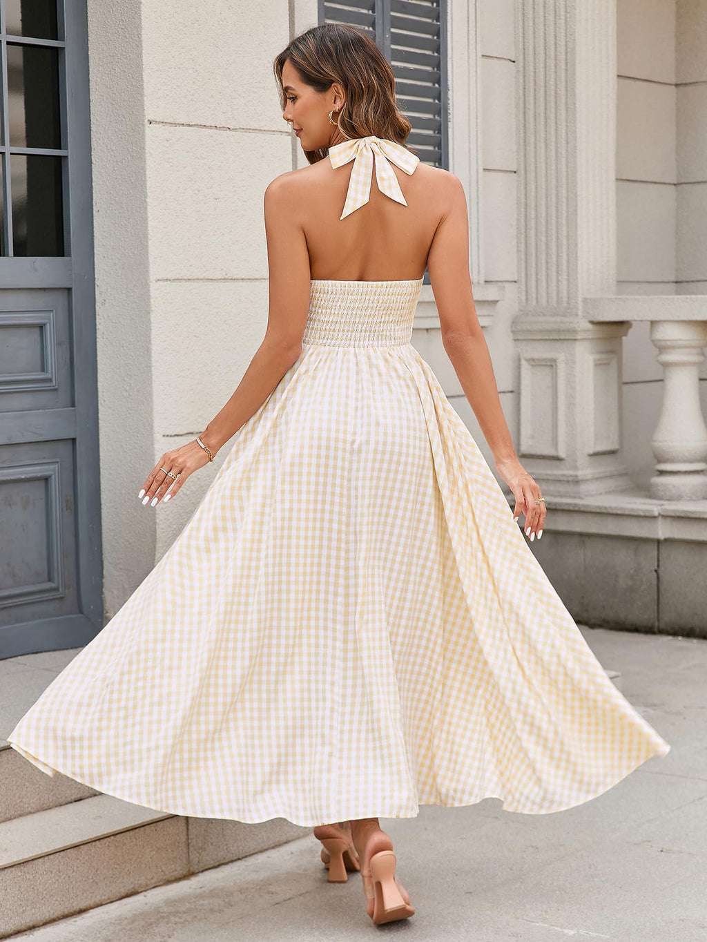 Parthea Women's Gingham Halter V Neck Midi Dress Corset Smocked Sundress Flowy A Line Wedding Guest Dresses Yellow
