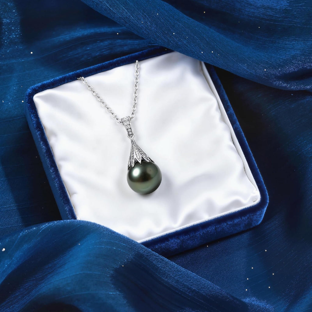 Natural Tahitian Black Pearl Necklace 10-11mm - Christmas Gift for Women Wife, Mom, daughter, Jewelry Gifts for Wedding Anniversary Birthday, Seawater Pearl with Sterling Silver Moissanite Pendant