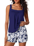 Summer Mae Blouson Womens Tankini Swimsuits 2026 Modest Tummy Control Bathing Suits Swim Shorts with Pockets for Beach Monstera Leaf Silhouette Size 16