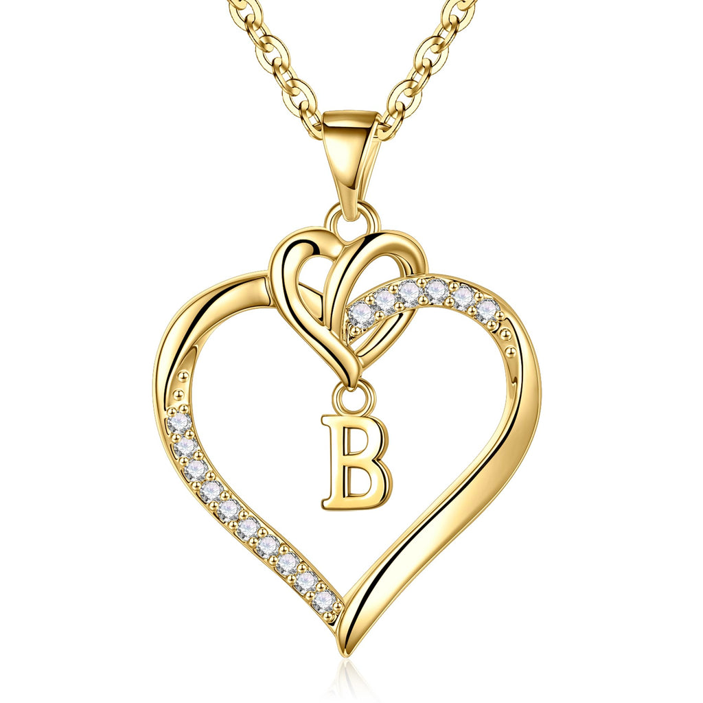 STORUP Heart Initial Necklaces for Women, 14K Gold Plated Heart Initial B Pendant Necklace Dainty Heart Necklaces Gold Heart Necklaces for Women Jewelry for Women Gifts
