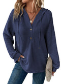 Dokotoo Women's Fashion Hoodies & Sweatshirts Winter Clothing for Women Drawstring Button V Neck Long Sleeve Oversized Waffle Knit Hooded Sweatshirt Loose Fit Cute Pullover Hoodie Tops Blue Large