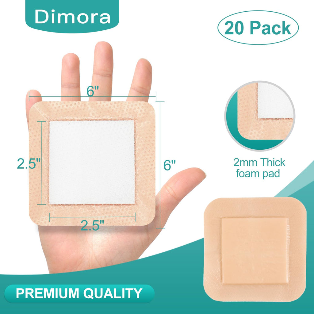 Dimora Silicone Foam Dressing with Border Adhesive 6"x6" Waterproof Wound Dressing Bandage for Wound Care 20 Pack