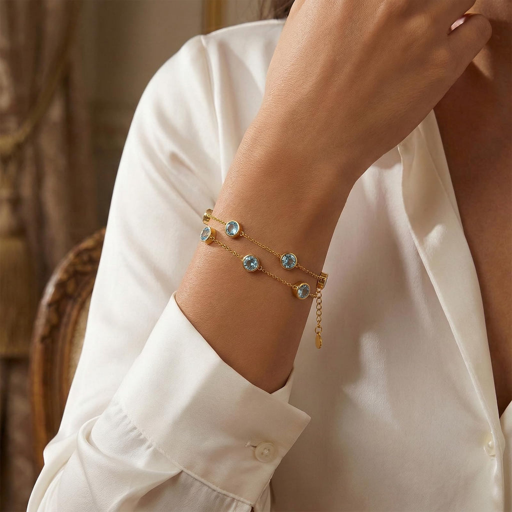 OJK Birthstone Bracelet for Women 14K Gold Aquamarine March Birthstone Bracelet Round Layered Bracelets Anniversary Birthday Jewelry Gifts for Wife Mom Her