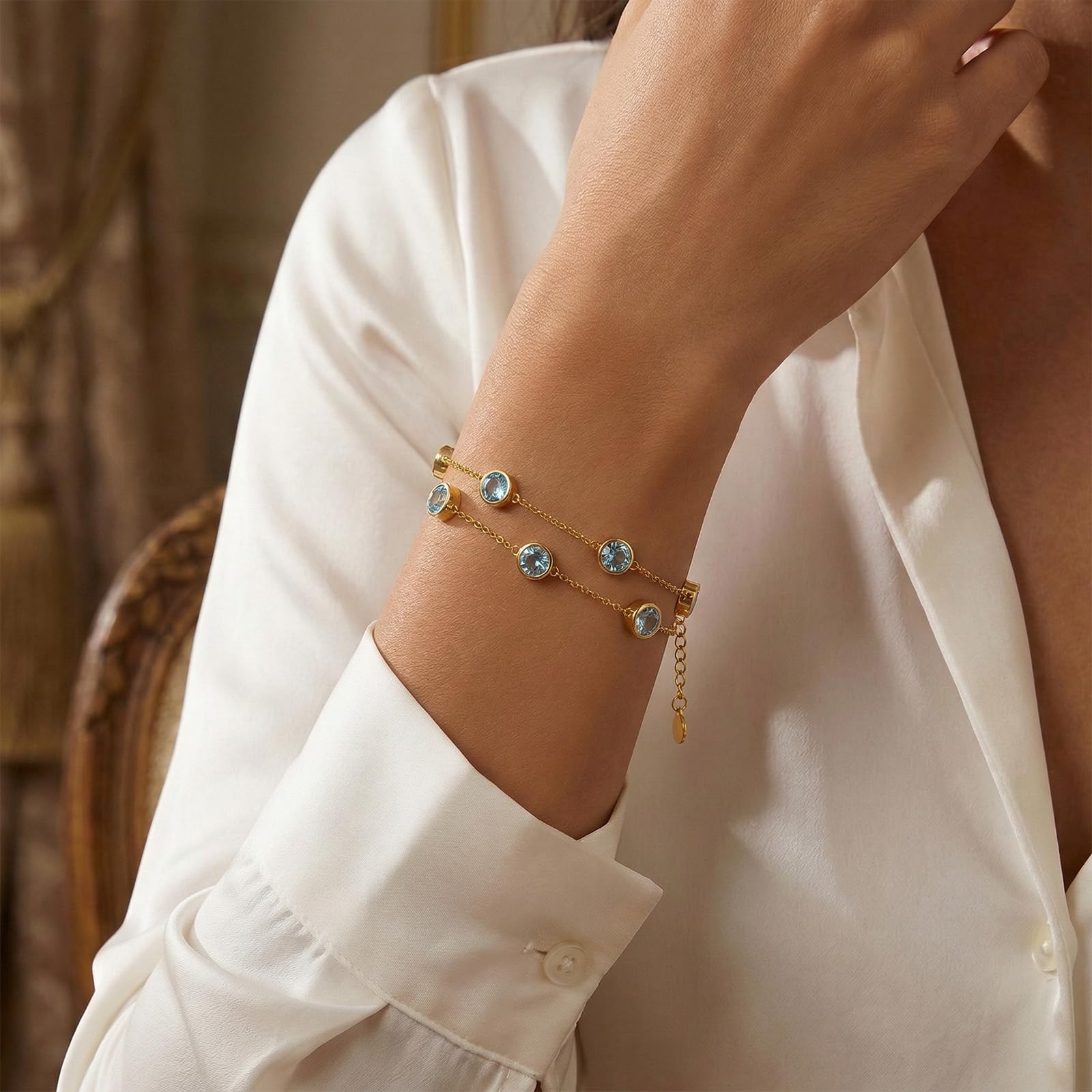 OJK Birthstone Bracelet for Women 14K Gold Aquamarine March Birthstone Bracelet Round Layered Bracelets Anniversary Birthday Jewelry Gifts for Wife Mom Her