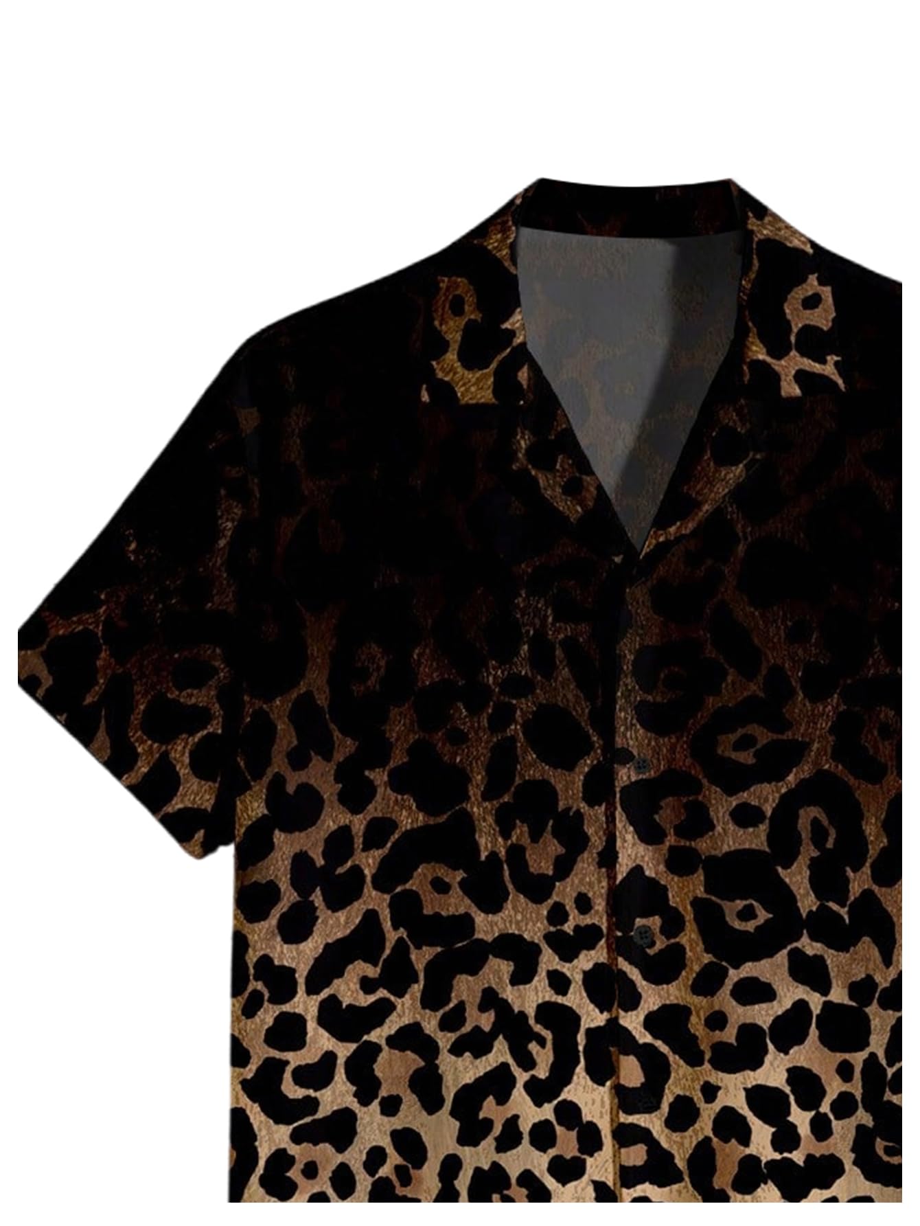 WDIRARA Men's 2 Piece Leopard Print Outfit Button Up Collared Short Sleeve Shirt and Drawstring Waist Shorts Black and Brown Large
