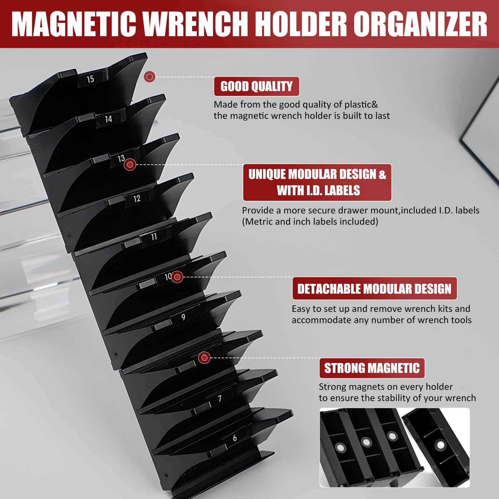 Monliful 84 pcs Magnetic Modular Wrench Organizer Wrench Holder - Wrenchs Tool Organizers for Tool Drawer Storage, Wrenchs Rack with Metric SAE Labels, Tool Storage Set Holder Festival Mechanics pcs